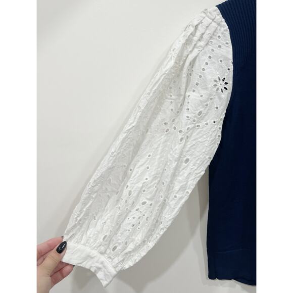 Veronica Beard Roy Navy Mixed Media Pullover with Eyelet Sleeves - Picture 8 of 10